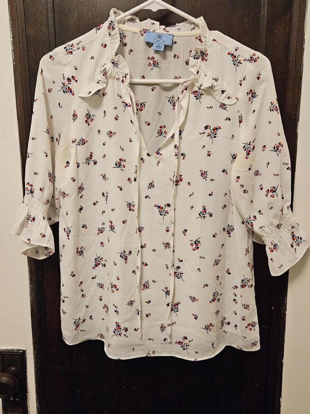 CeCe Cream Floral Ruffle Tie-Neck Blouse